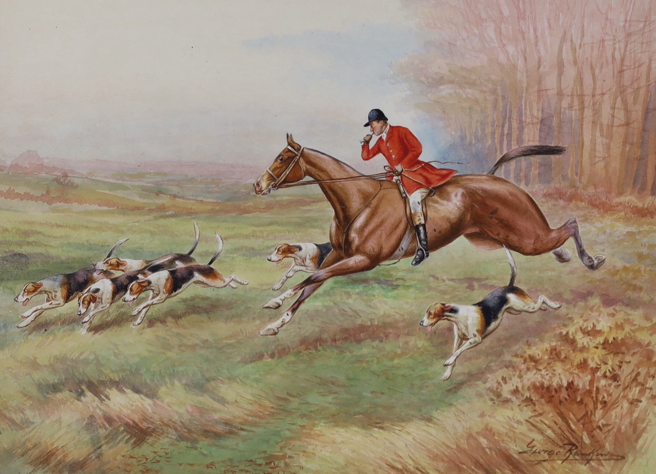 George Rankin (1864-1937), six watercolours on card, hunting scenes, signed, unframed, largest 27 x 37cm